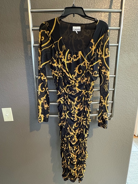Ganni Dresses & Skirts - Ganni Black & Gold Ruched Baroque-Print Long Sleeve Dress